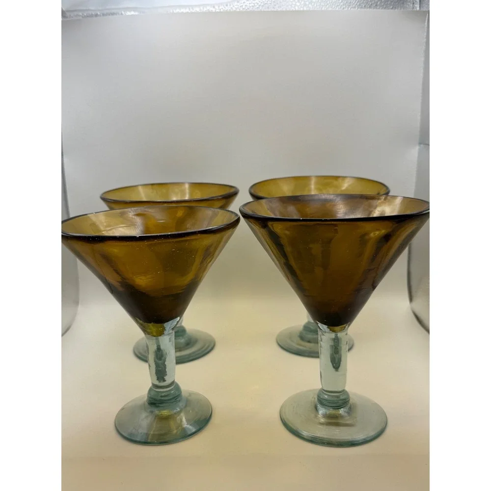 Hand Blown Amber Mexican Glass Martini Glasses Clear Stem‎ Seeded Glass Set of 4